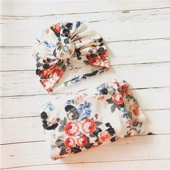PatPat Floral en Toda la prenda Envolver Manta y Diadema de Algodón Impreso Casual Bebé Saco de Dormir de 60cm de Dos piezas