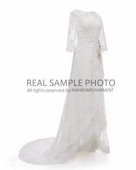 Real de la fotografía de muestra de encaje de bohemia vestido de novia de sirena vestido de novia con el tren de barrido