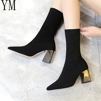 La pierna que adelgaza la Mujer de Negro calcetines de Tobillo Botas de 2020 Moda Primavera Otoño Tramo Botas Gruesos Tacones Punta del Dedo del pie Zapatos de las Mujeres