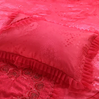 2019 Rojo rosa Jacquard ropa de cama de la boda conjuntos de 4/6/9pcs queen king size funda de edredón conjunto de encaje de lujo ropa de cama colcha