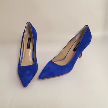 SANLUME Blue Suede Mujer de Moda zapatos de tacón Alto de cuero Reales de las Bombas de Señora de la oficina de zapatos de tacón interior de piel de Oveja Punta del Dedo del pie