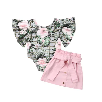 1-4Y Infantil de las Niñas de Bebé de la Ropa de los Conjuntos de Flores de Impresión de Manga Corta Mameluco Tops+Rosa Mini Faldas Ropa de Verano