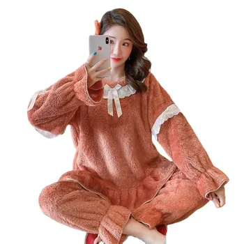 2020 Otoño Invierno Mujeres Pijamas de Franela Cuello Redondo Caliente de Manga Larga de Patchwork de la Moda Dulce ropa de dormir Casual Suelto de Dos piezas