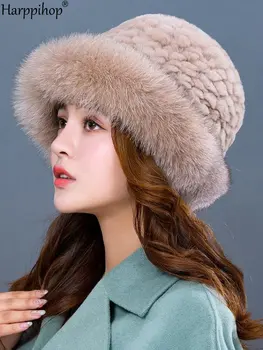 La nueva moda de las mujeres de piel de conejo y de piel de zorro de punto sombreros de las gorras de invierno cálido gorros de invierno gorras