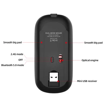 HXSJ nuevo silencio ultra-delgado Bluetooth ratón inalámbrico 2.4 G de modo dual, batería recargable de ratón del PC portátil para la oficina de los juegos multi-color