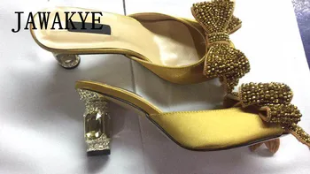 Sexy sandalias de las mujeres de cristal de la mariposa nudo de la decoración de diamantes de zapatos de tacón alto 2019 raso rhinestone vestido de zapatillas para damas zapatos de verano