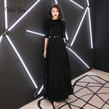 Wei yin 2021 Nueva de Vestidos de Noche de La Novia Elegante Banquete Mitad Negro, Mangas de Encaje de la Piso-longitud Larga Fiesta de Graduación Vestidos de WY1342