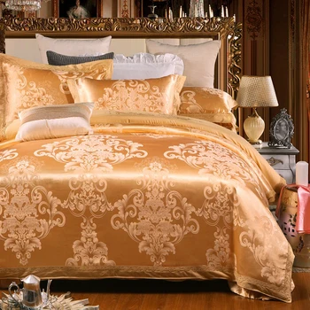 Satén de algodón de oro cubierta de edredón de algodón de la hoja de cama queen king size 4pcs juego de cama de lujo bordado de la cama set de fundas de almohadas