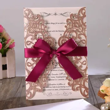 50pcs Oro Rosa Brillo de Corte Láser de Invitación de Boda con Tarjetas de Borgoña de la Cinta y de los Sobres para la Fiesta de Compromiso Nupcial de la Ducha