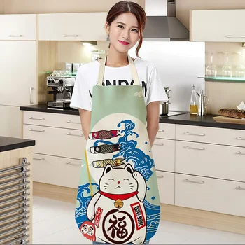 El Lino y el algodón Delantal Japonesa de dibujos animados de Gato de la Suerte Cocinar sin Mangas Babero Impermeable Anti-graso utensilios de Cocina Delantal de Chef