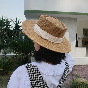 Sombreros de paja de las mujeres de la playa de verano al aire libre de sólidos weaven de la banda de la correa de hecho a las mujeres sombreros de primavera de la parte superior plana casual sombreros de sol para las mujeres de los hombres